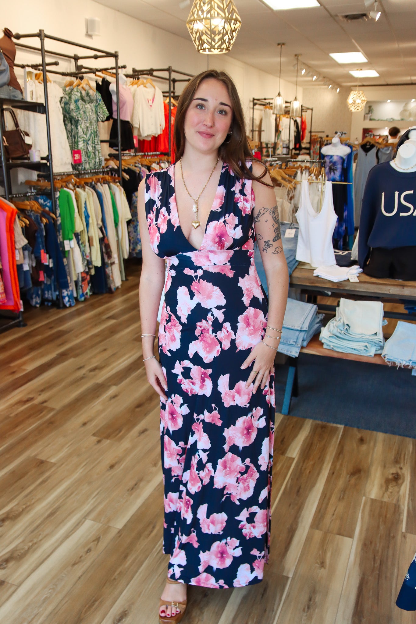 ARIELLA DEEP V PATTERNED MAXI DRESS