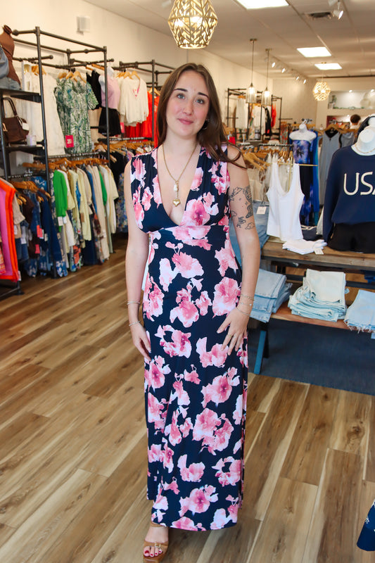 ARIELLA DEEP V PATTERNED MAXI DRESS