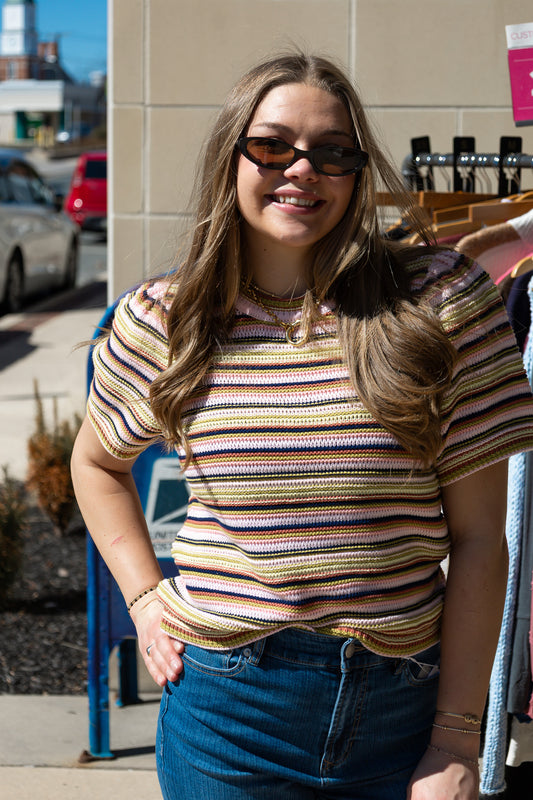SIMONE STRIPED SHORT SLEEVE SWEATER