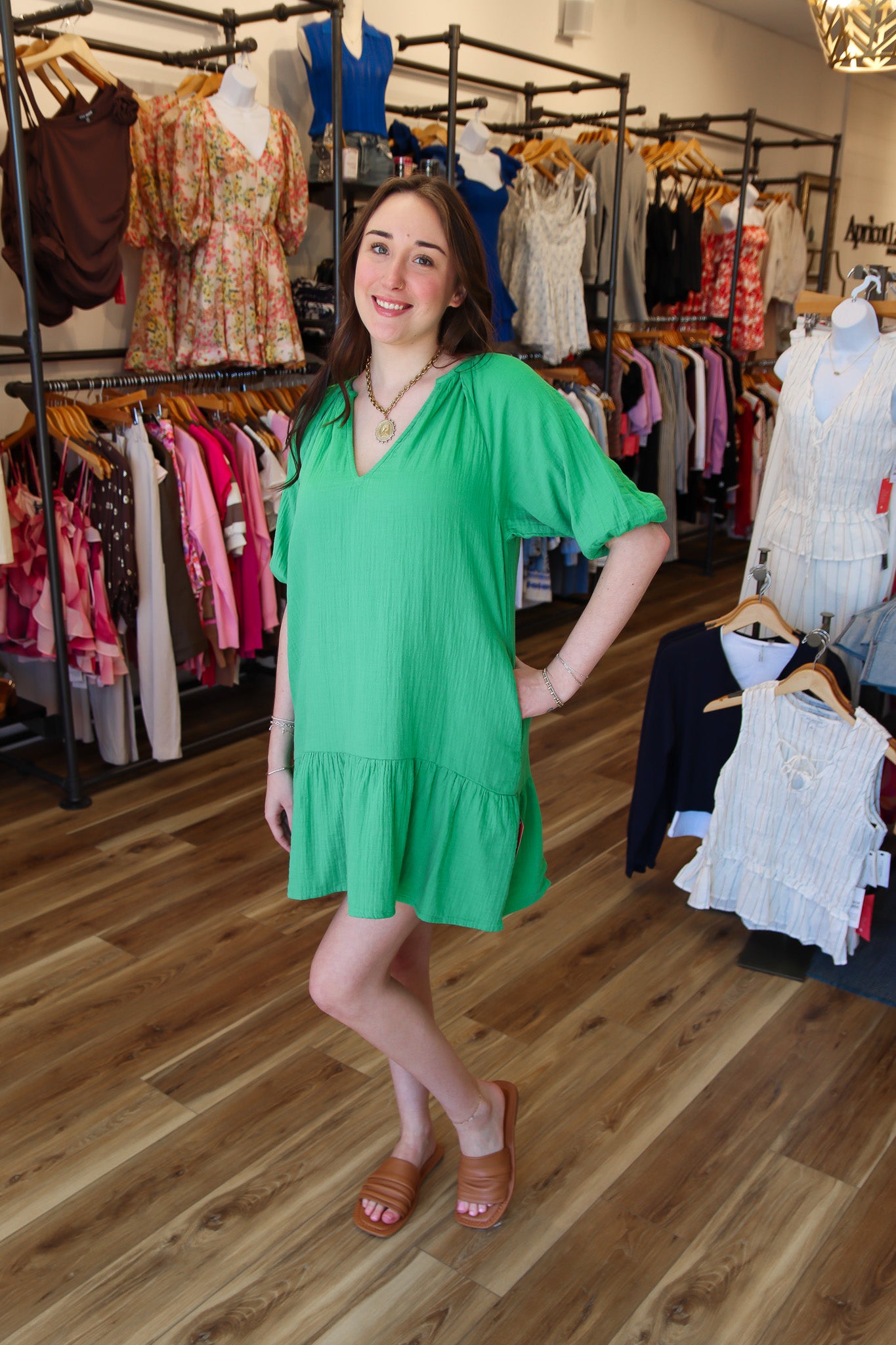 ELAN PUFF SLEEVE V NECK MINI DRESS