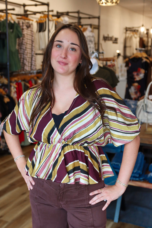 BY TOGETHER ASYMMETRICAL STRIPE BUTTERFLY SLEEVE TOP