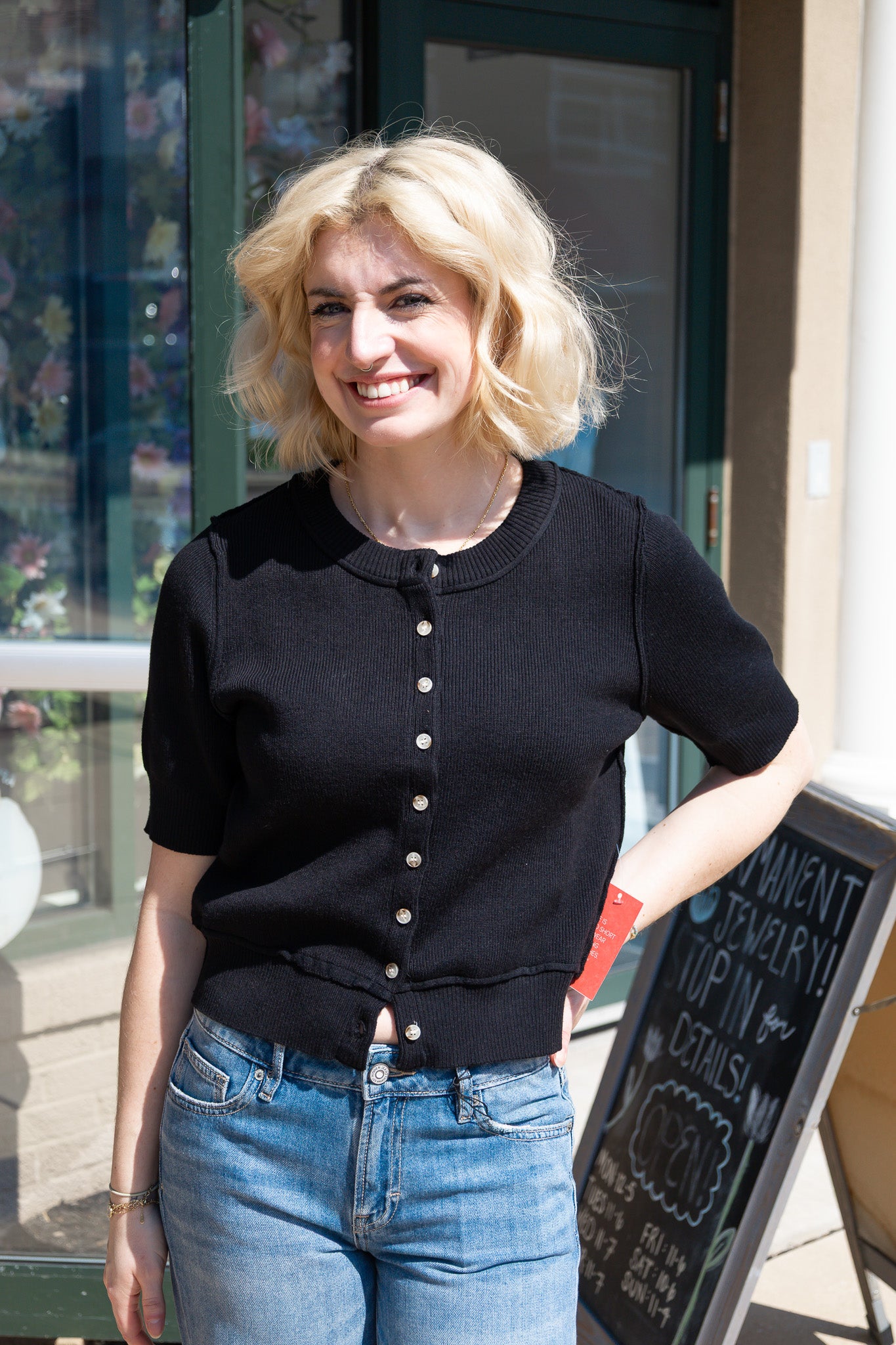 SHORT SLEEVE BUTTON DOWN KNIT SWEATER