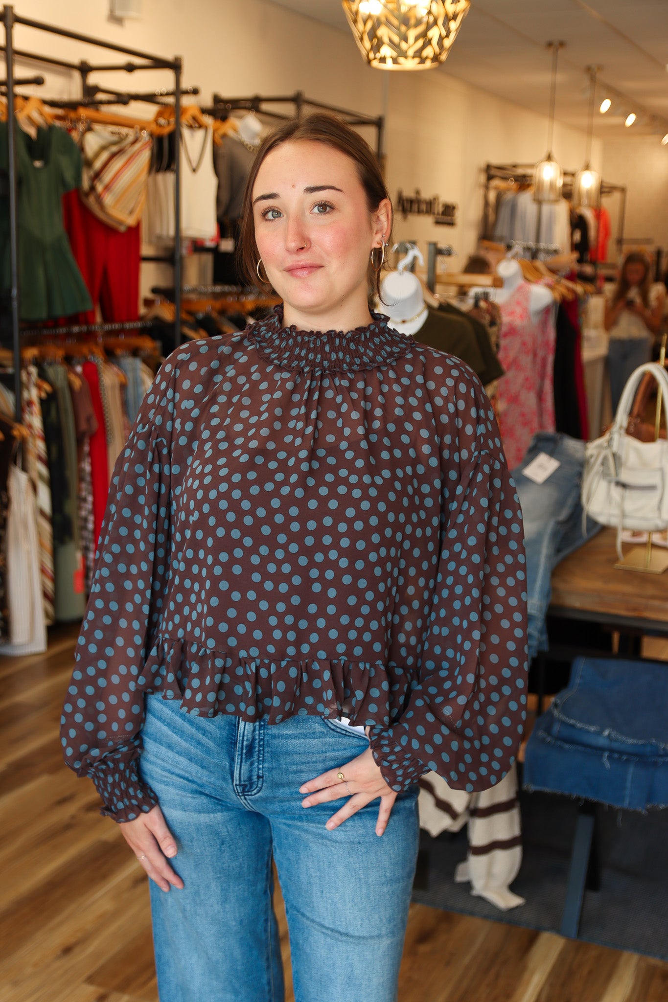 BY TOGETHER SHEER POLKA DOT LONG SLEEVE TOP