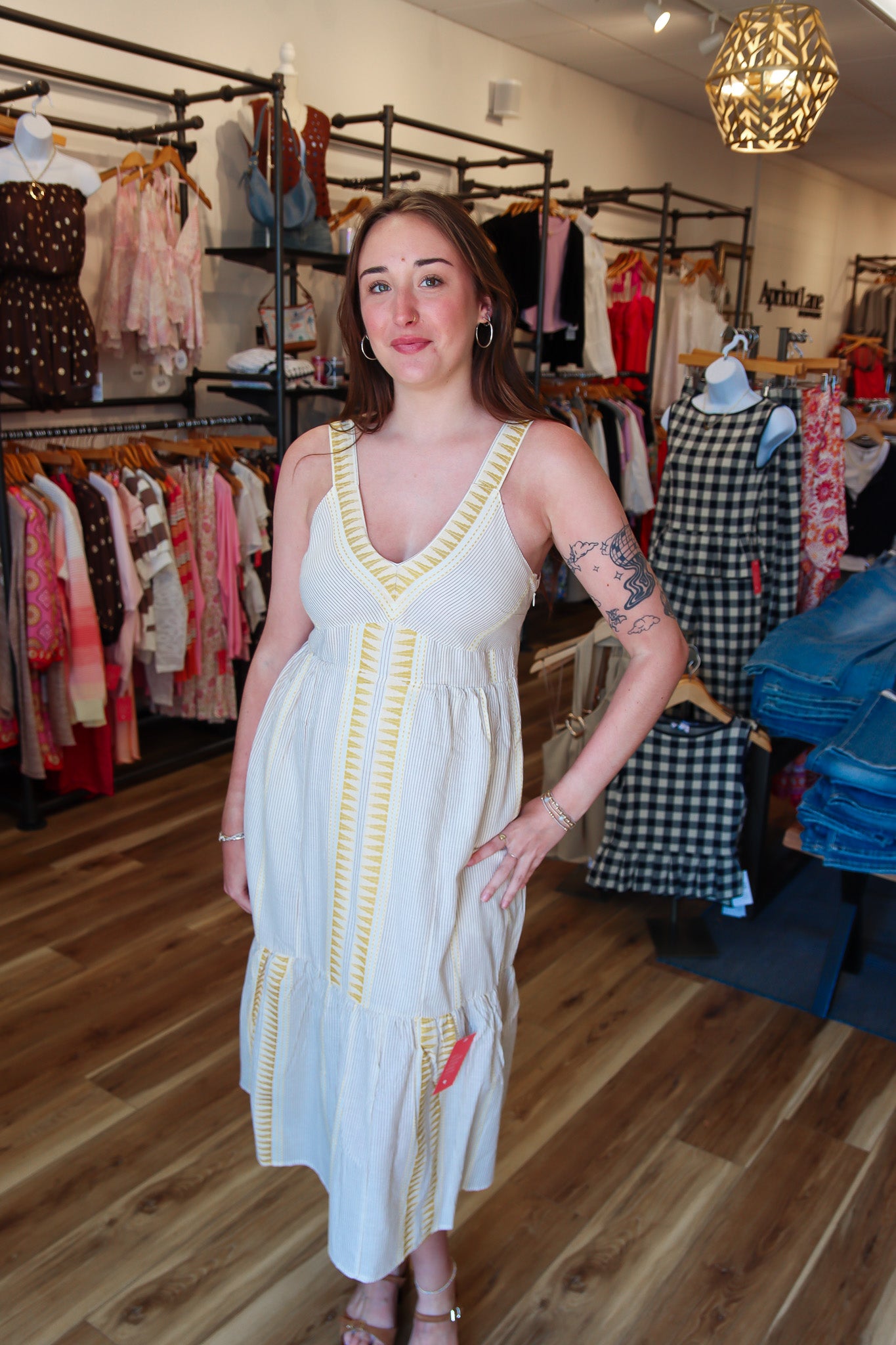 LIVERPOOL SLEEVELESS V-NECK STRIPED MIDI DRESS