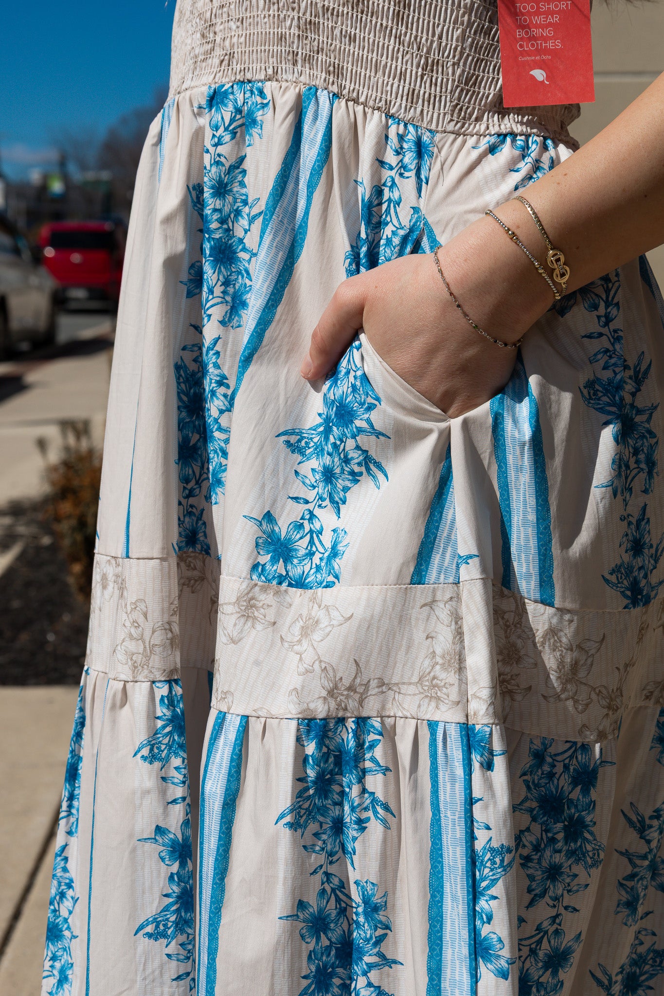 FLORAL PRINTED COTTON POPLIN SHOULDER TIE MAXI DRESS