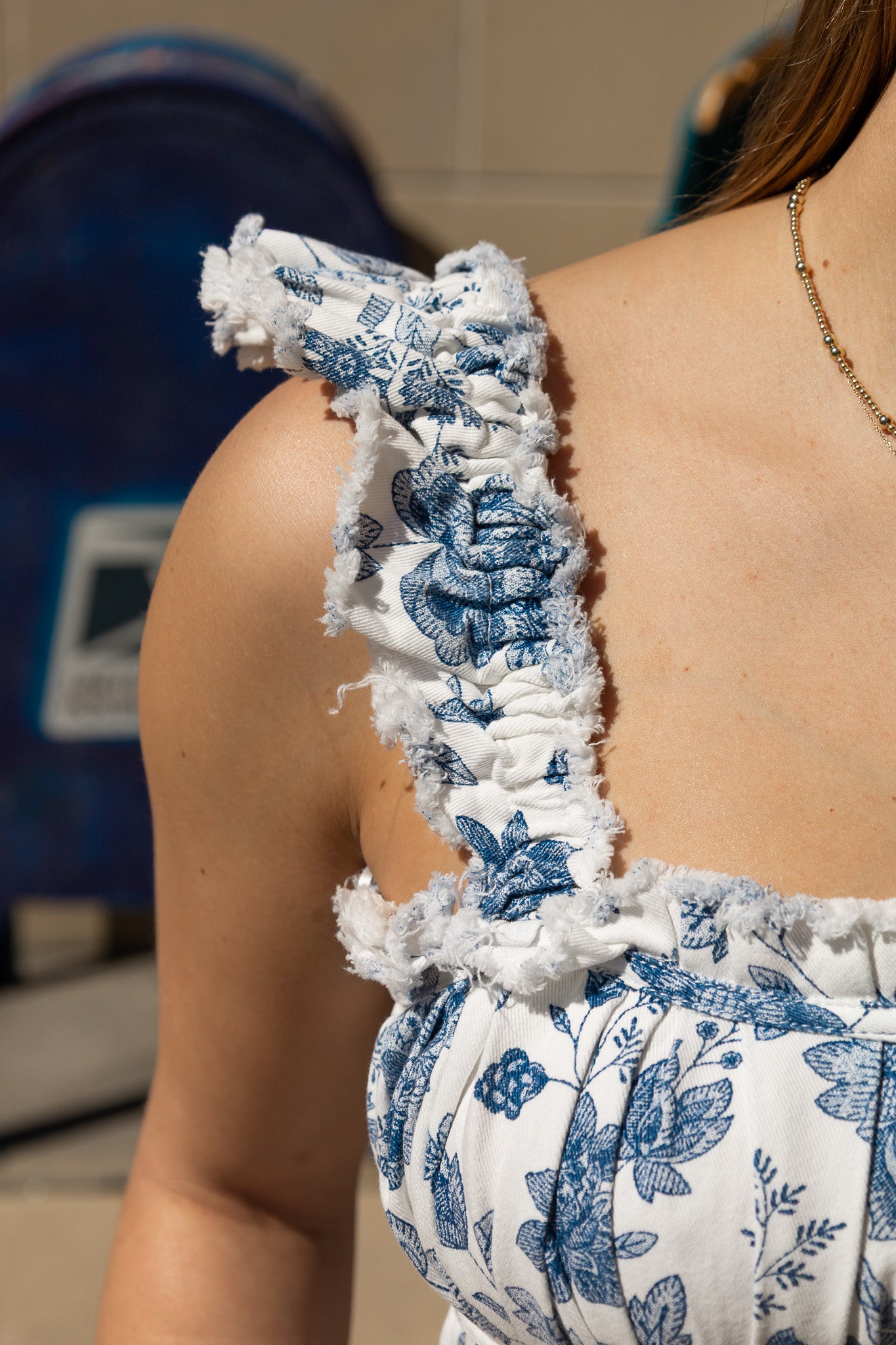 FLORAL PRINTED DENIM SLEEVELESS MINI DRESS