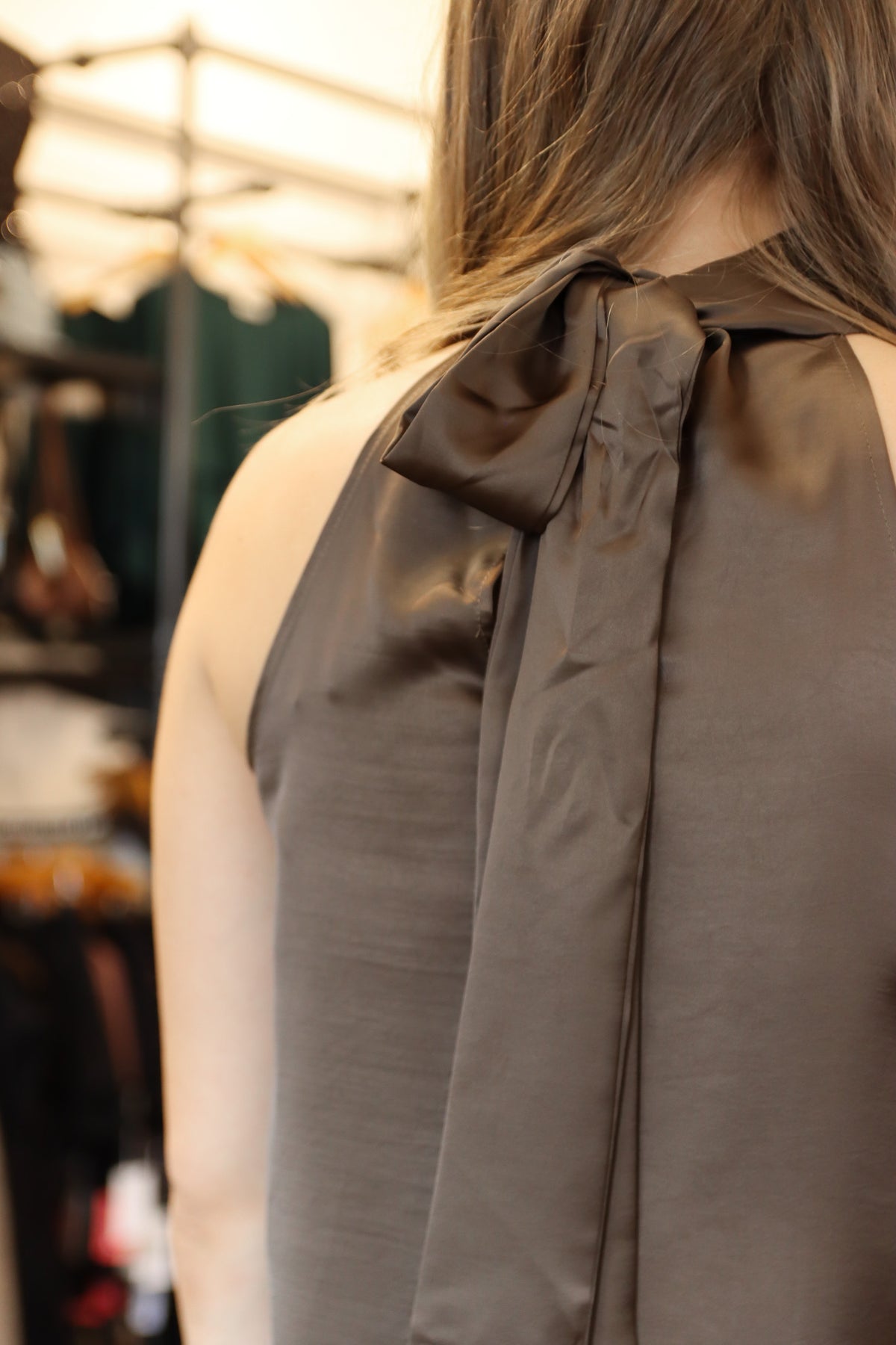 ELAN SATIN HIGH NECK BOW IN BACK TOP