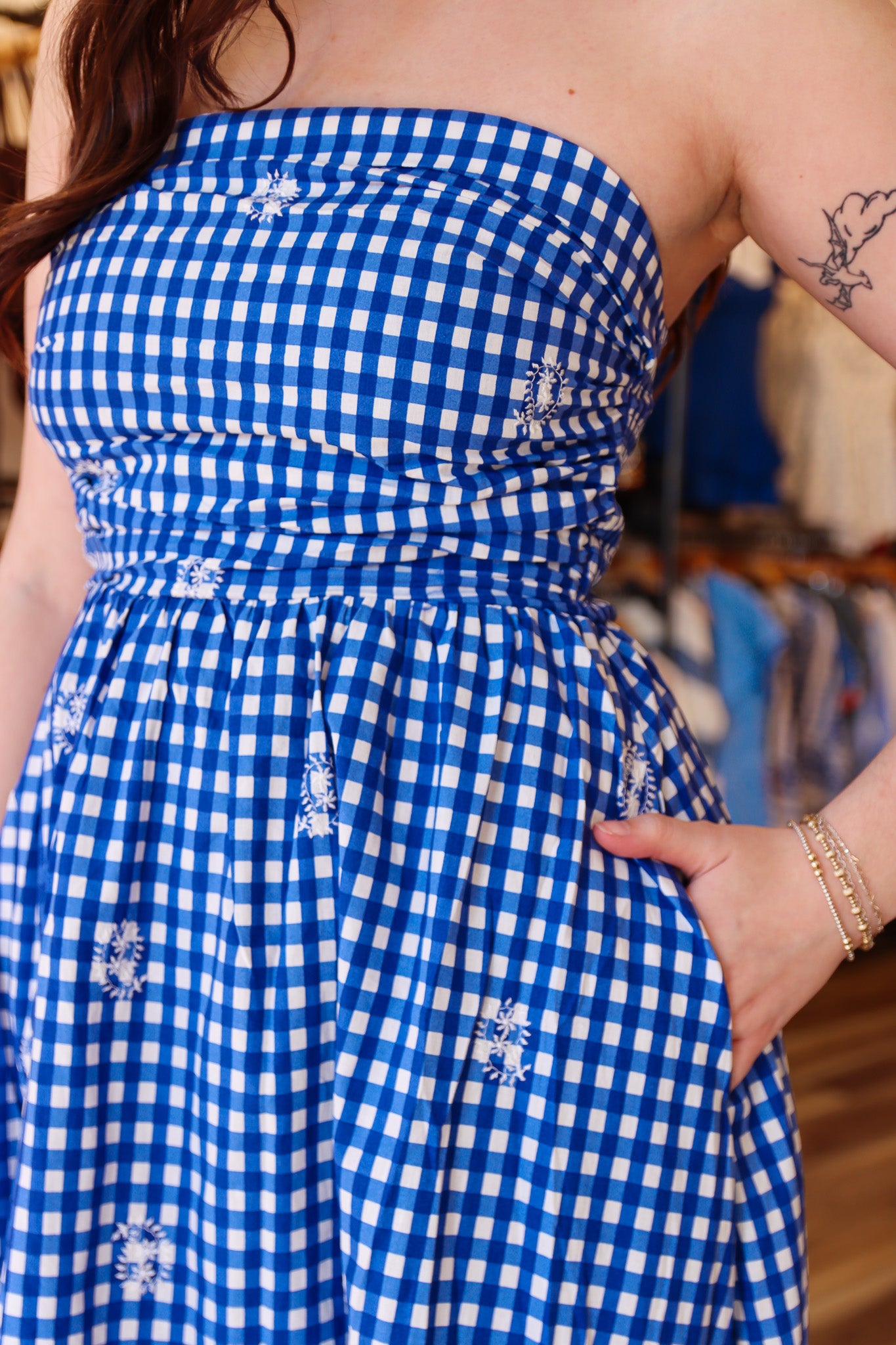 AZURE LACE GINGHAM TUBE MAXI DRESS