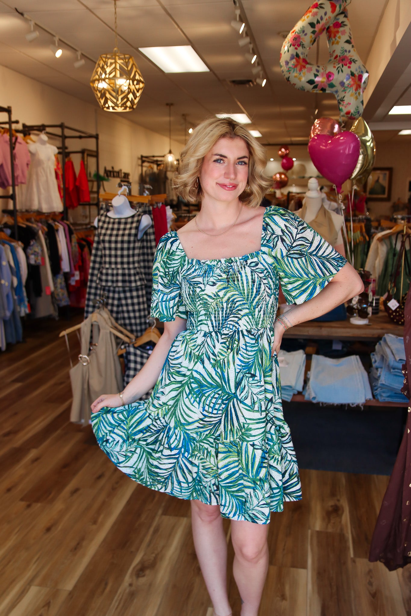 APRICOT LEAF PRINT BRODERIE ANGLAISE DRESS