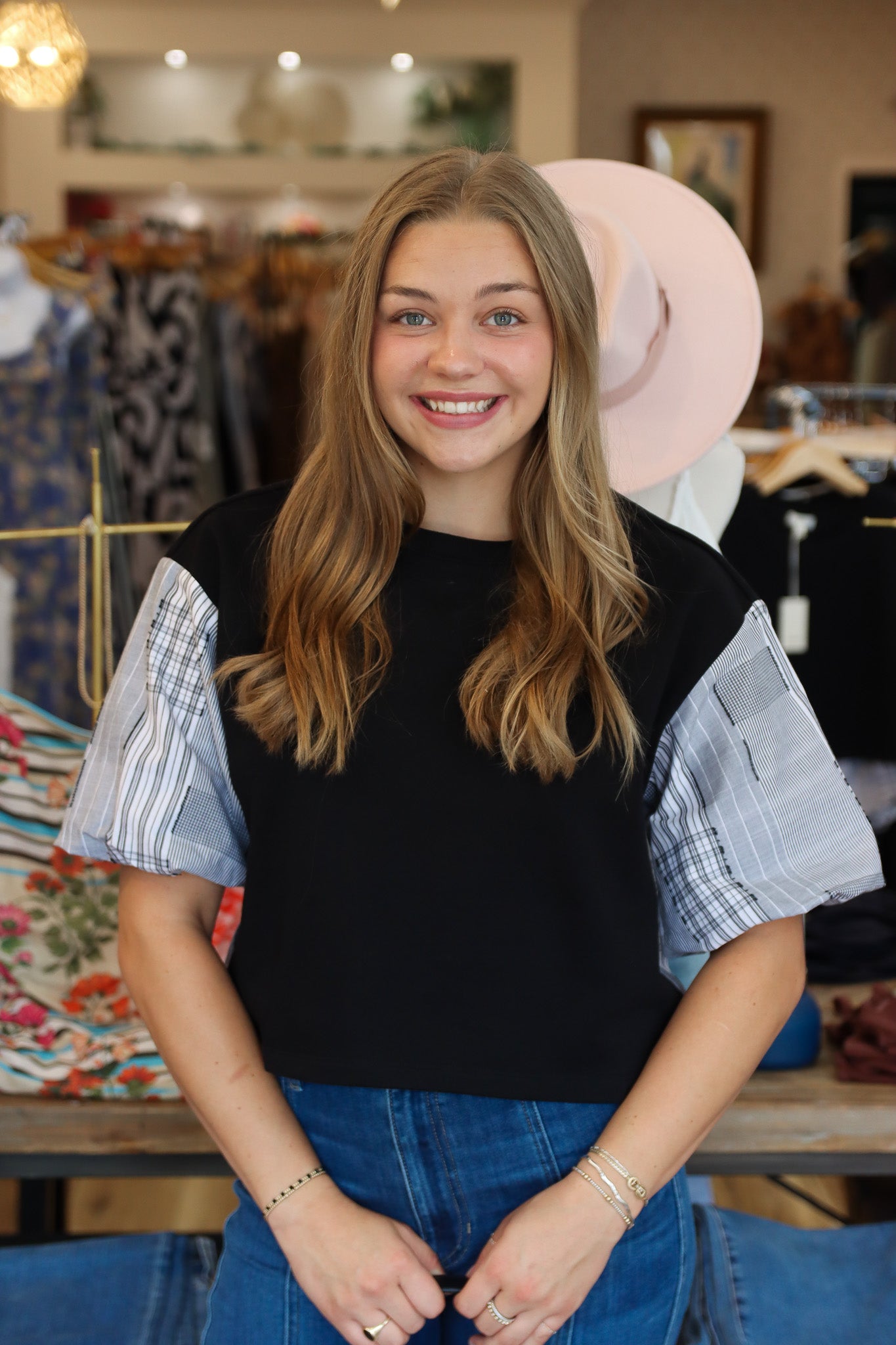 ELAN PLAID DETAIL KNIT TOP