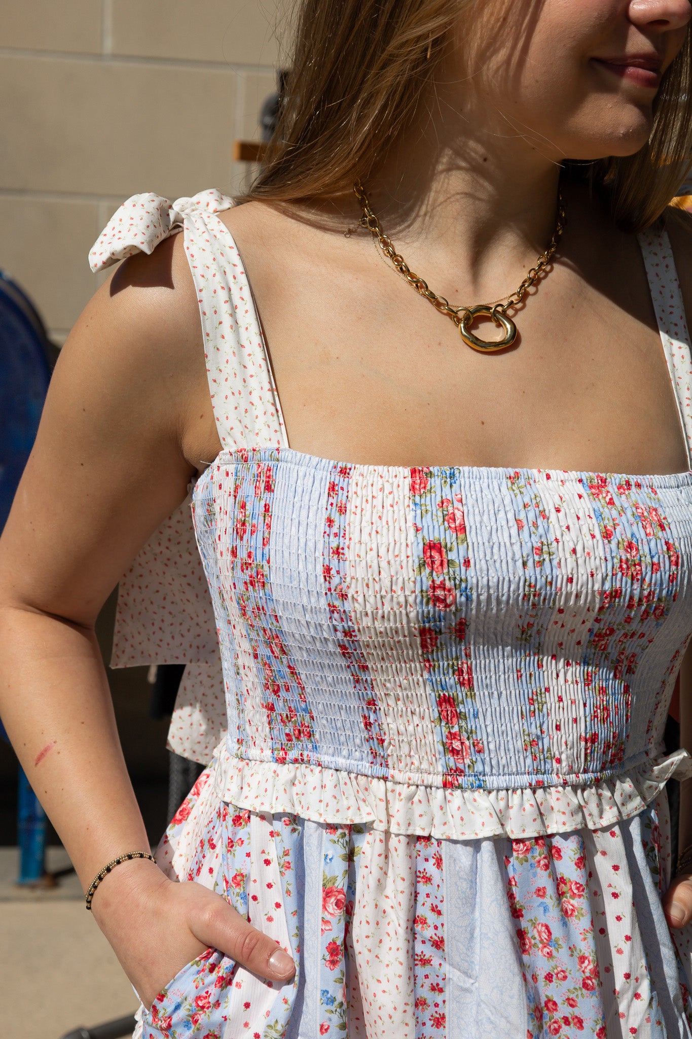 COTTON POPLIN MULTIFLORAL TIE SHOULDER MAXI