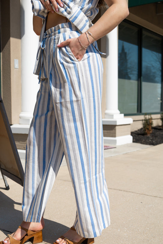 MOLLY BRACKEN TIE WAIST WIDE LEG STRIPED PANT