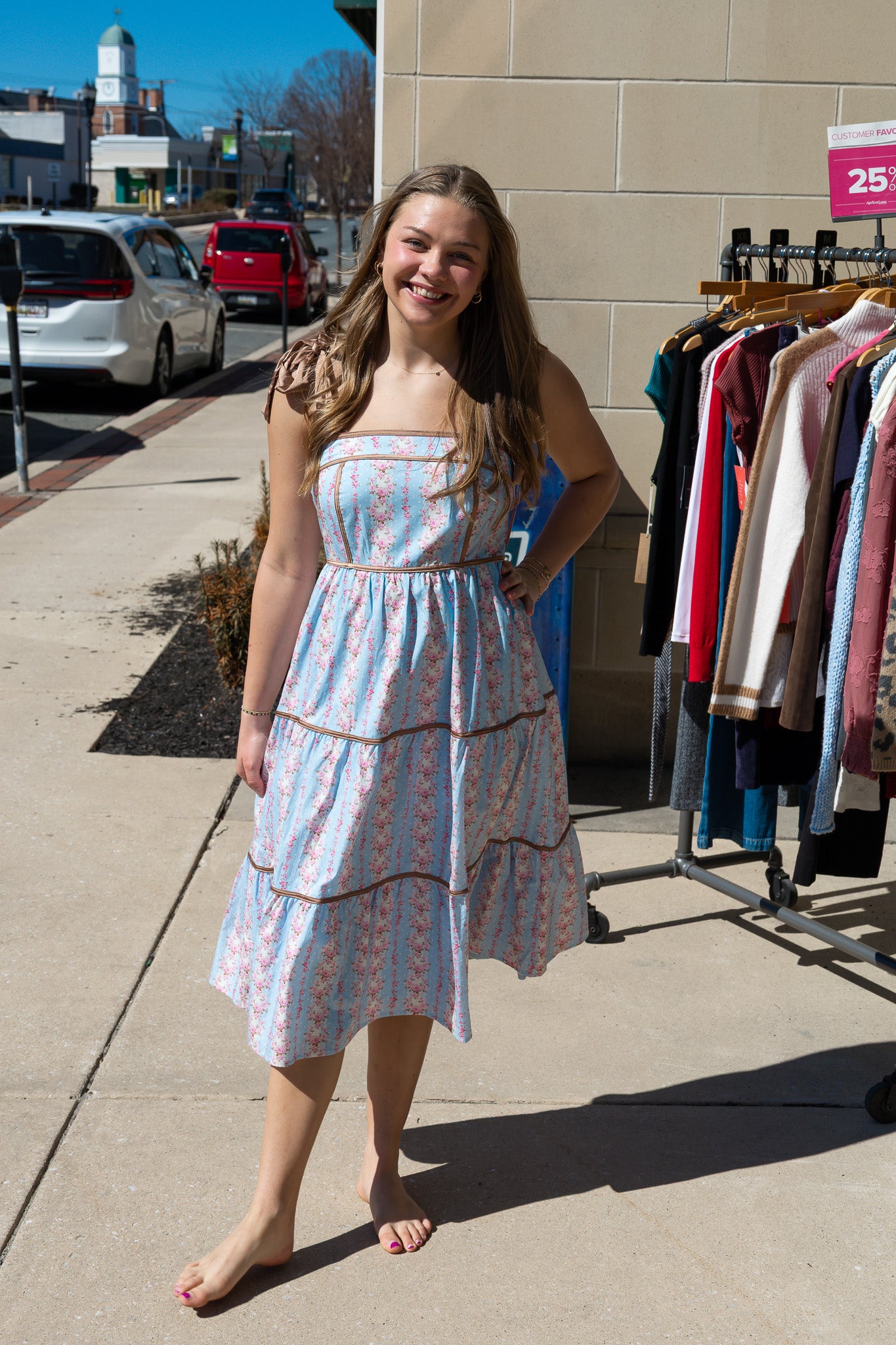 CONTRAST SHOULDER TIE W/BINDING DETAIL FLORAL MAXI DRESS