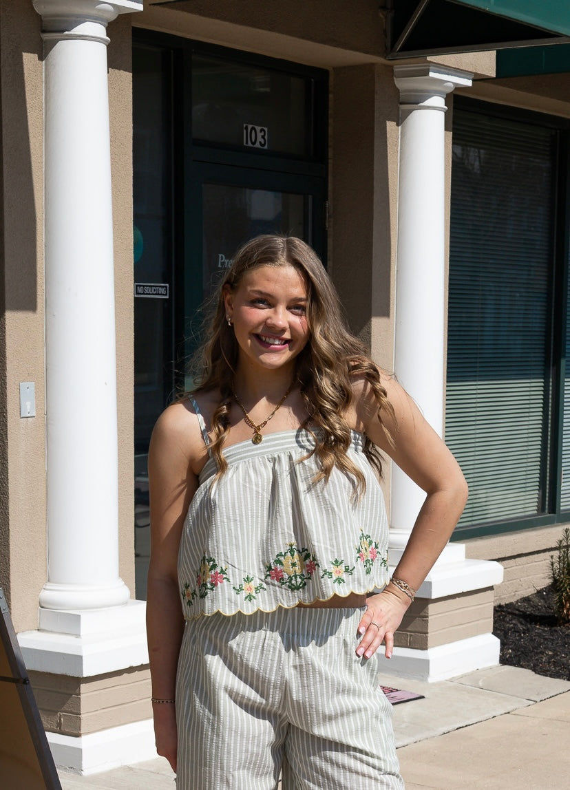 MIOU MUSE FLORAL EMBROIDERED STRIPED TIE TOP