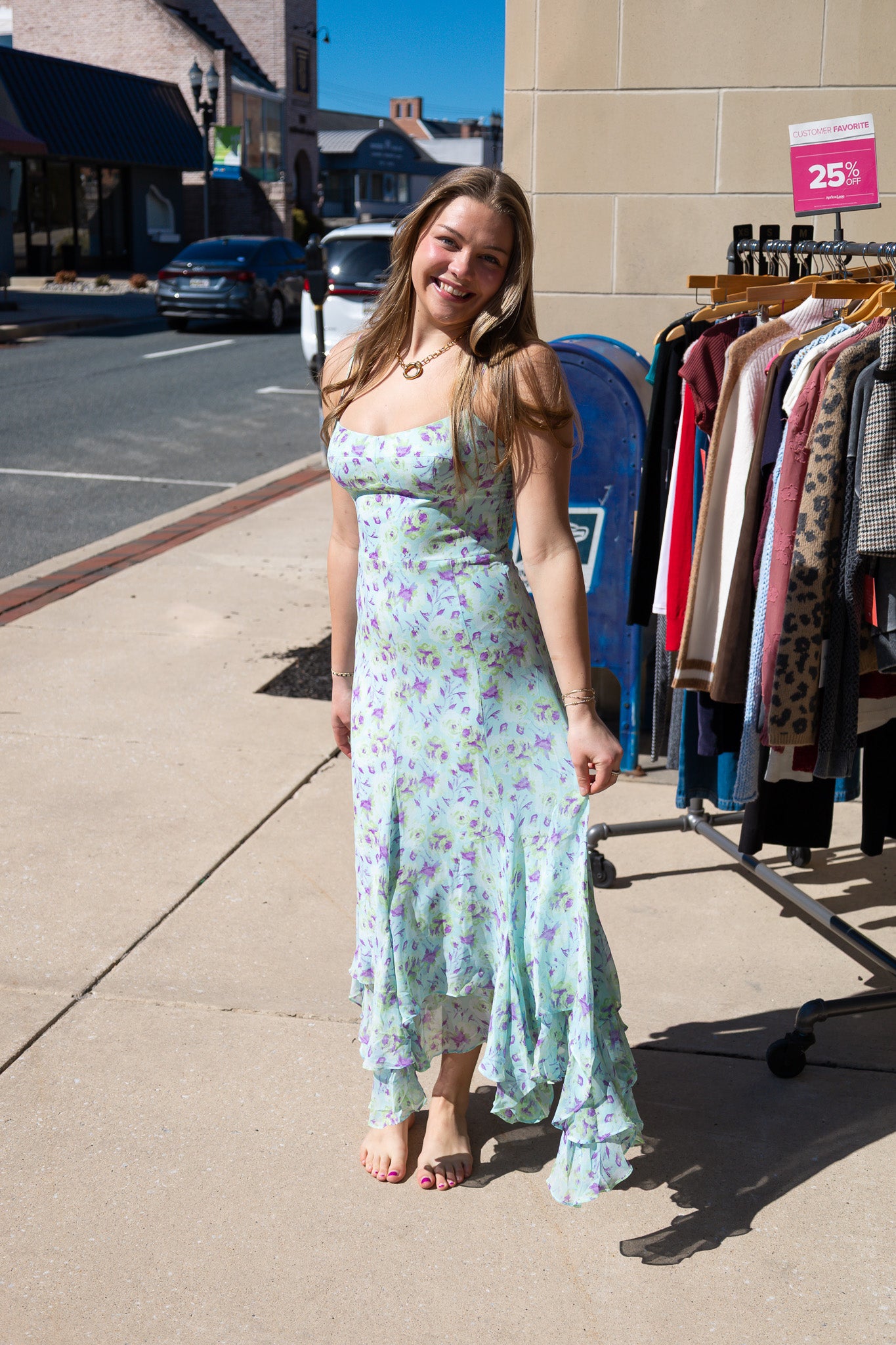 FLORAL WATERCOLOR RUFFLE DOWN MIDI DRESS