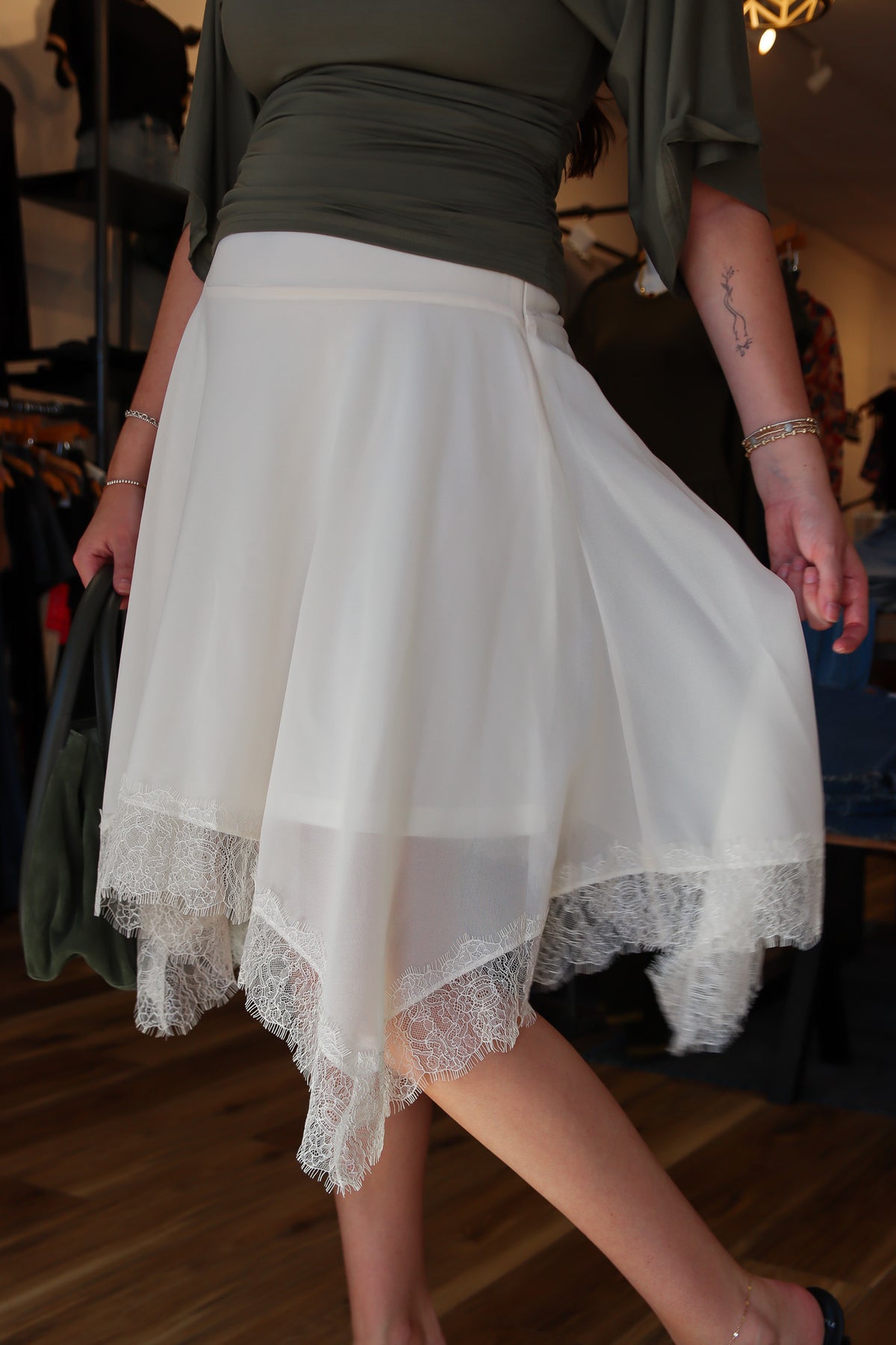 LUCY PARIS “LALI” LACE TRIM MIDI SKIRT