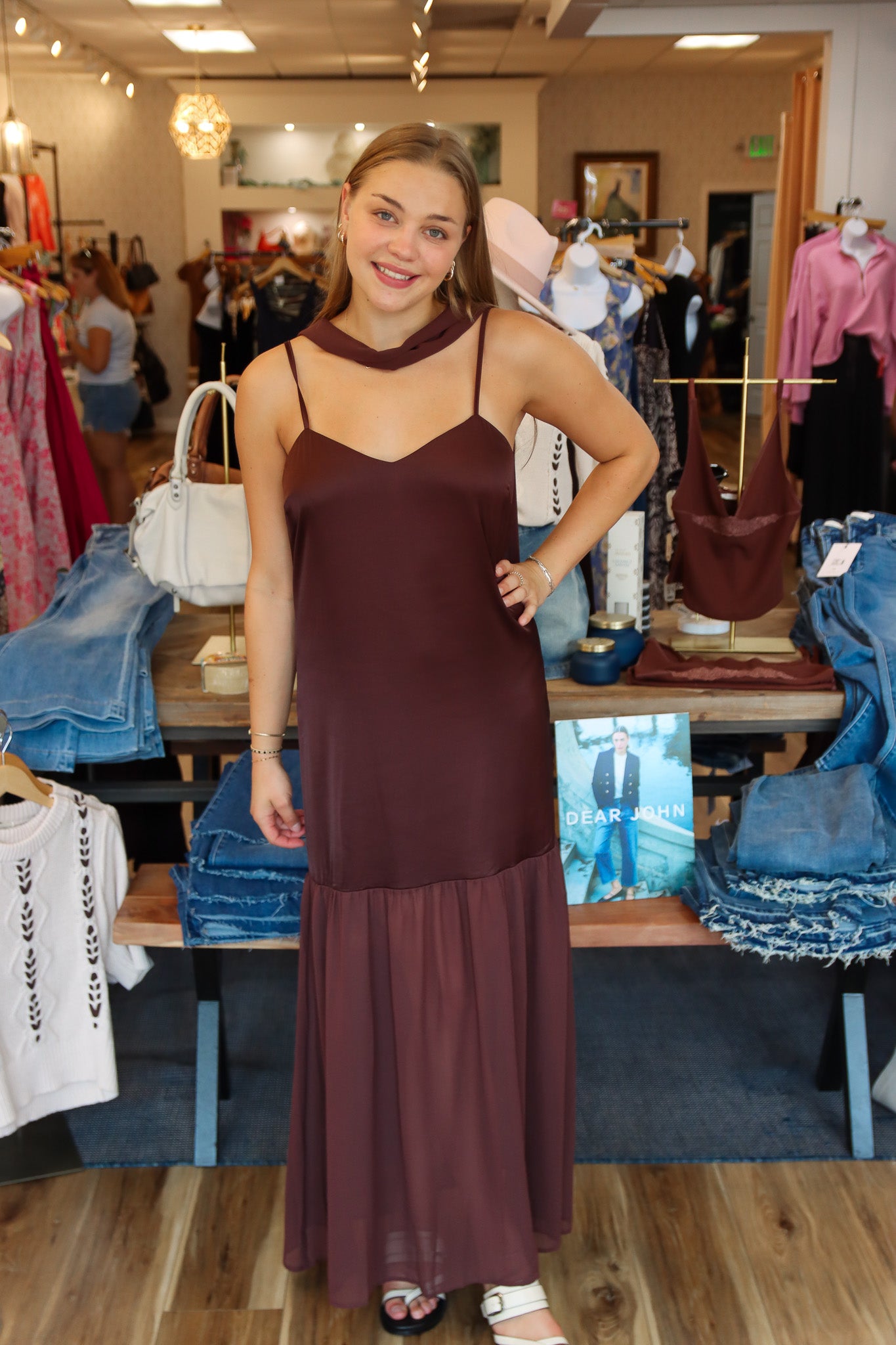 TCEC ADJUSTABLE STRAP STAIN/CHIFFON MAXI DRESS