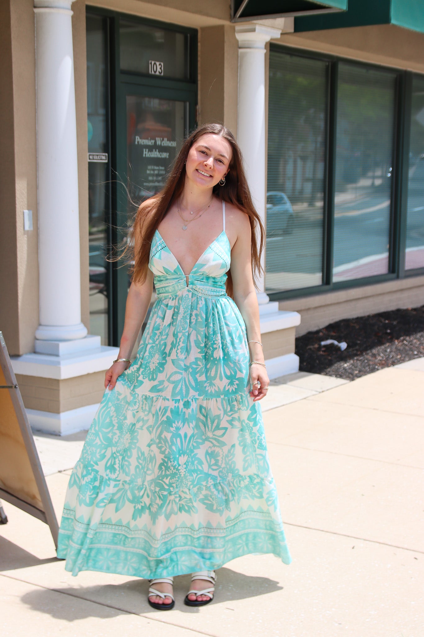 MILIO MILANO “LILY” FLORAL PRINT RUCHED BACK TIERED MAXI DRESS