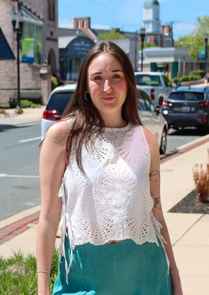BY TOGETHER SHELL EYELET TIE SIDE TOP