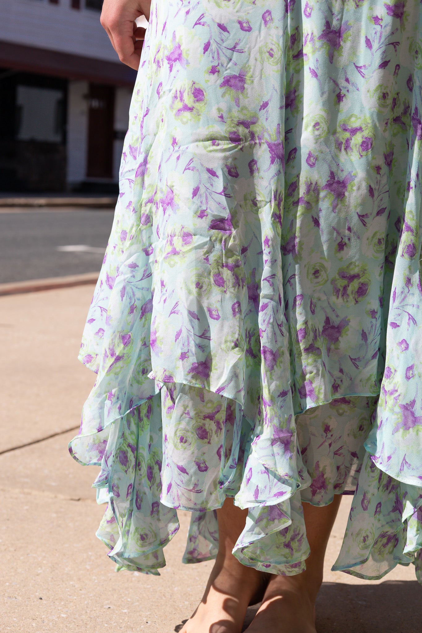 FLORAL WATERCOLOR RUFFLE DOWN MIDI DRESS