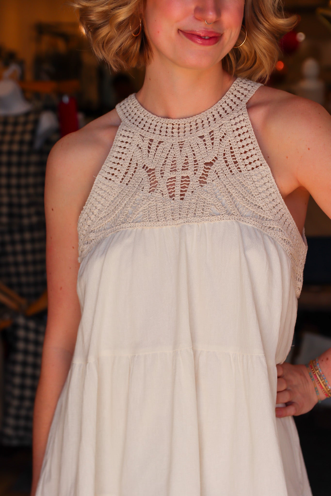 APRICOT CROCHET TOP TIERED DRESS