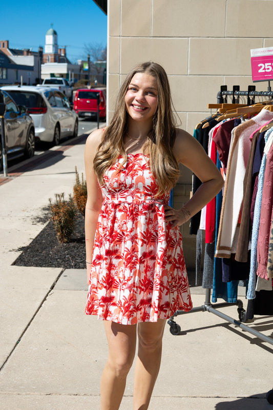 PRINTED SCALLOP EMBROID DETAIL SLVLESS MINI DRESS