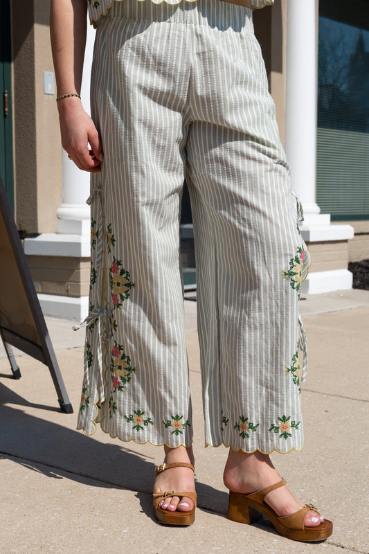 MIOU MUSE FLORAL EMBROIDERED STRIPED PANTS WITH TIES