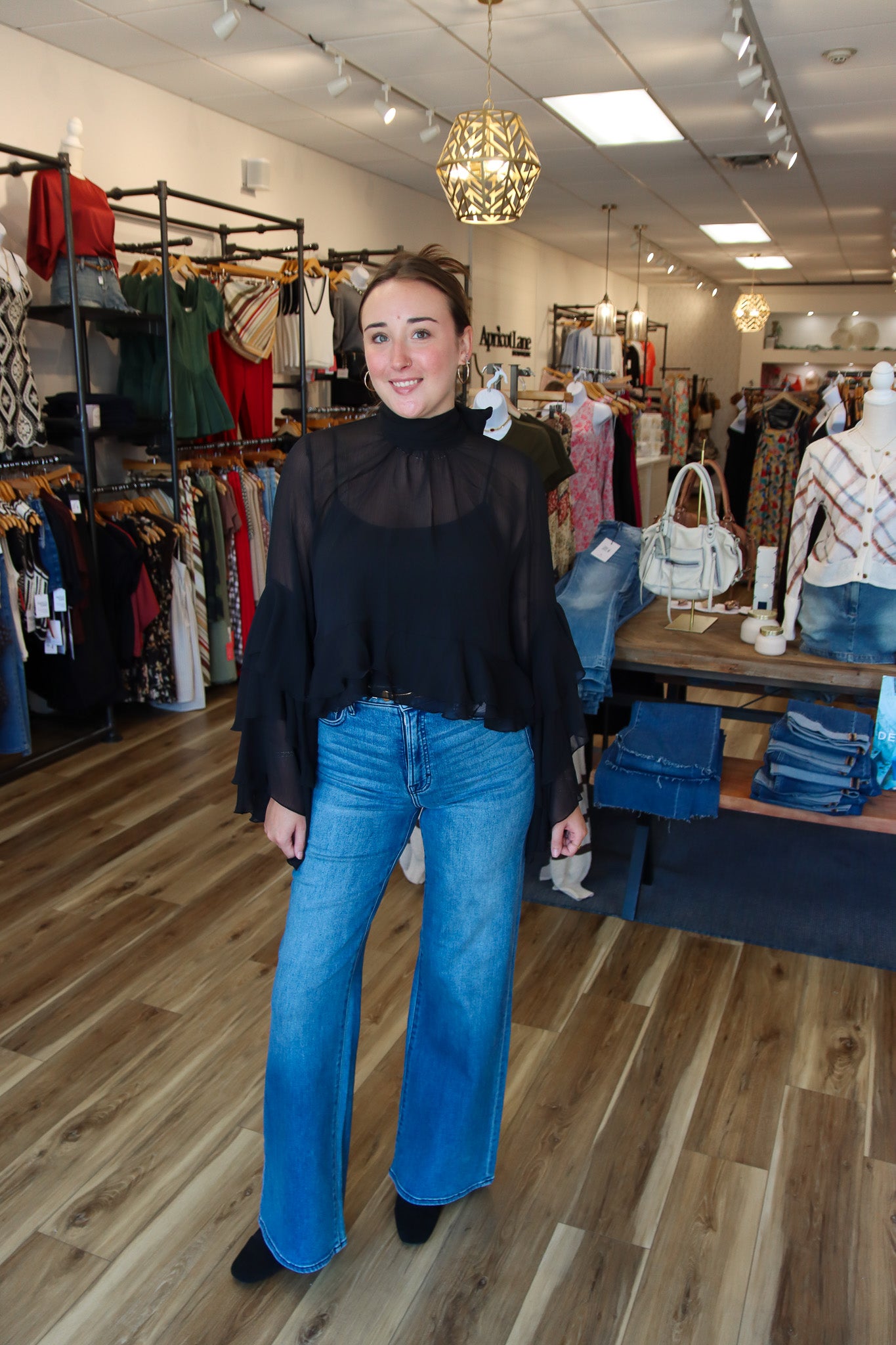 BY TOGETHER FLOWY SLEEVE MOCK NECK SHEER TOP
