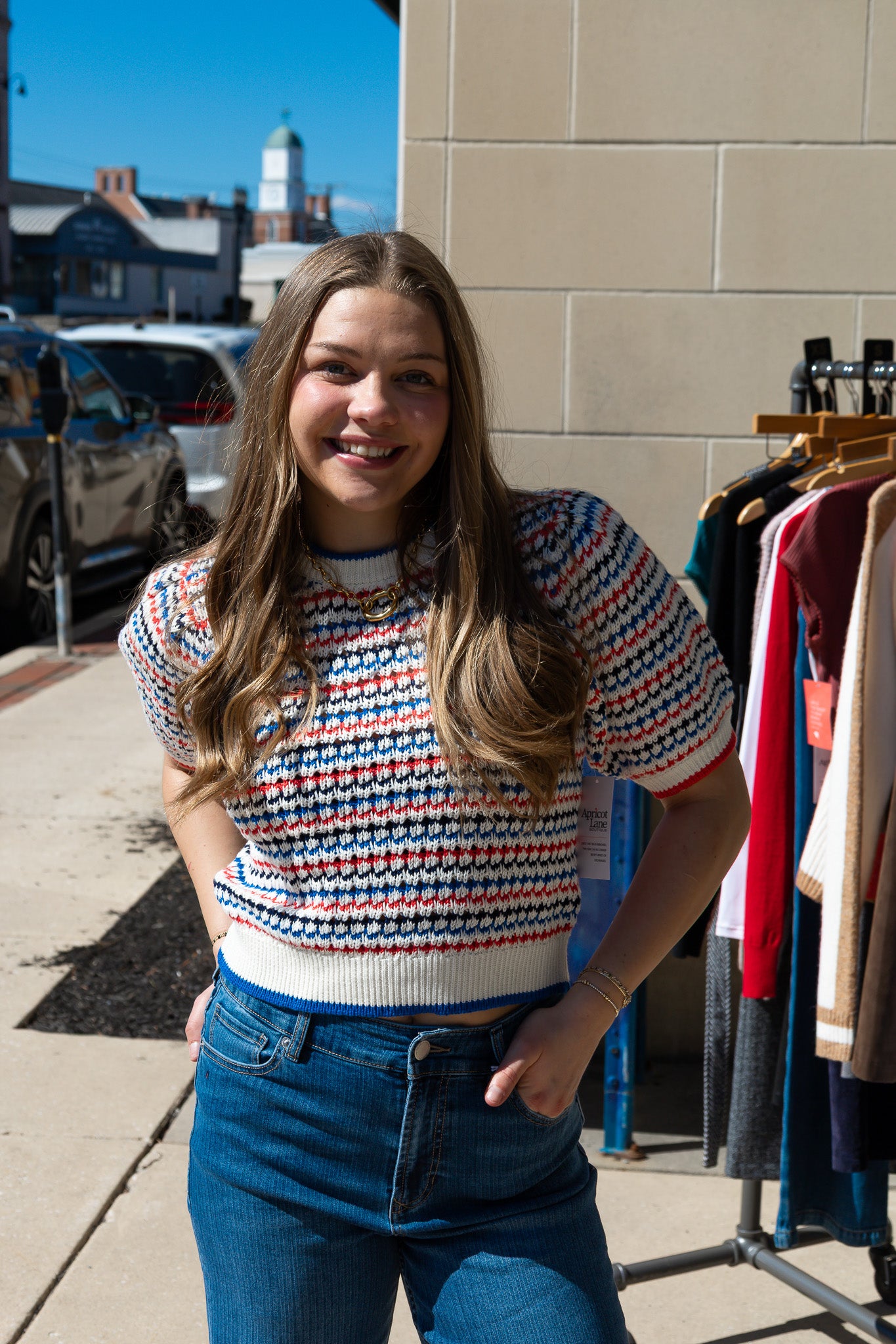 CONTRAST COLOR RIB SHORT SLEEVE SWEATER