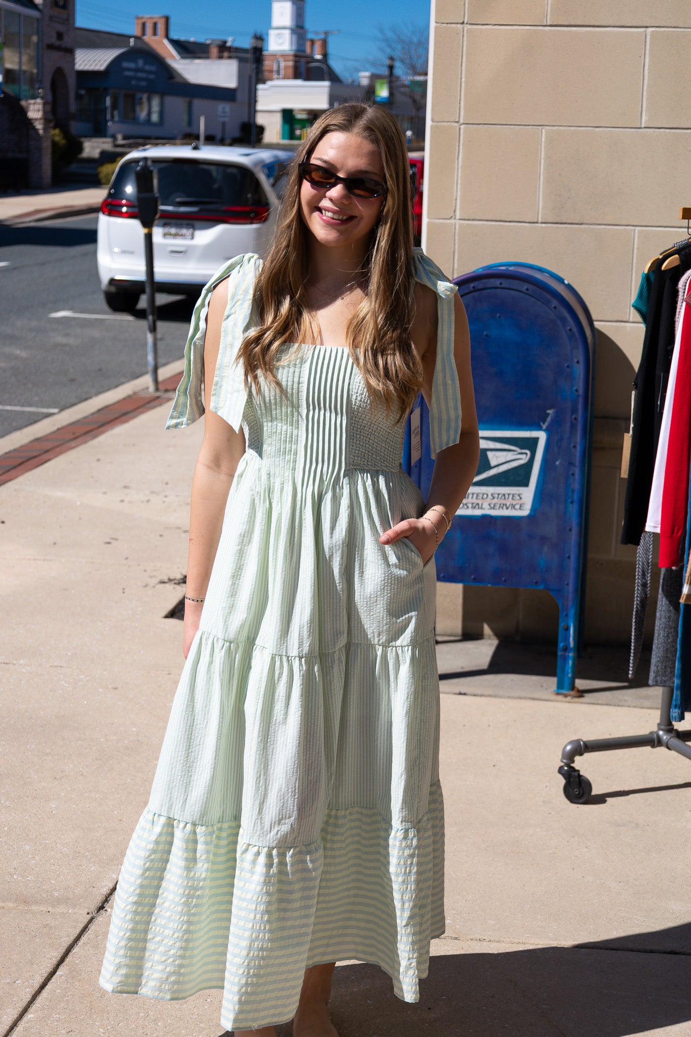 STRIPE OXFORD PINTUCK PLEATED DETAIL MAXI DRESS WITH  SMOCKING AND BOW TIES