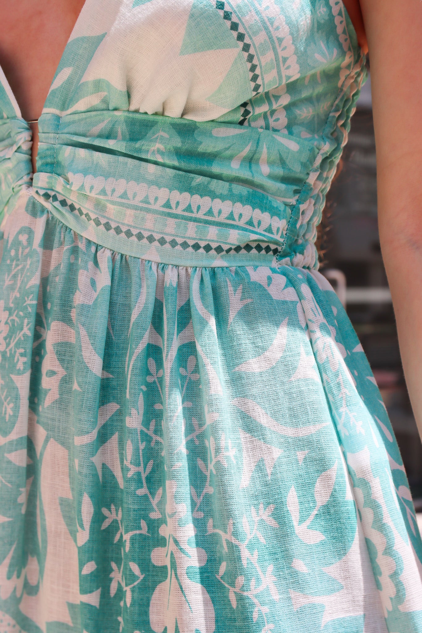 MILIO MILANO “LILY” FLORAL PRINT RUCHED BACK TIERED MAXI DRESS