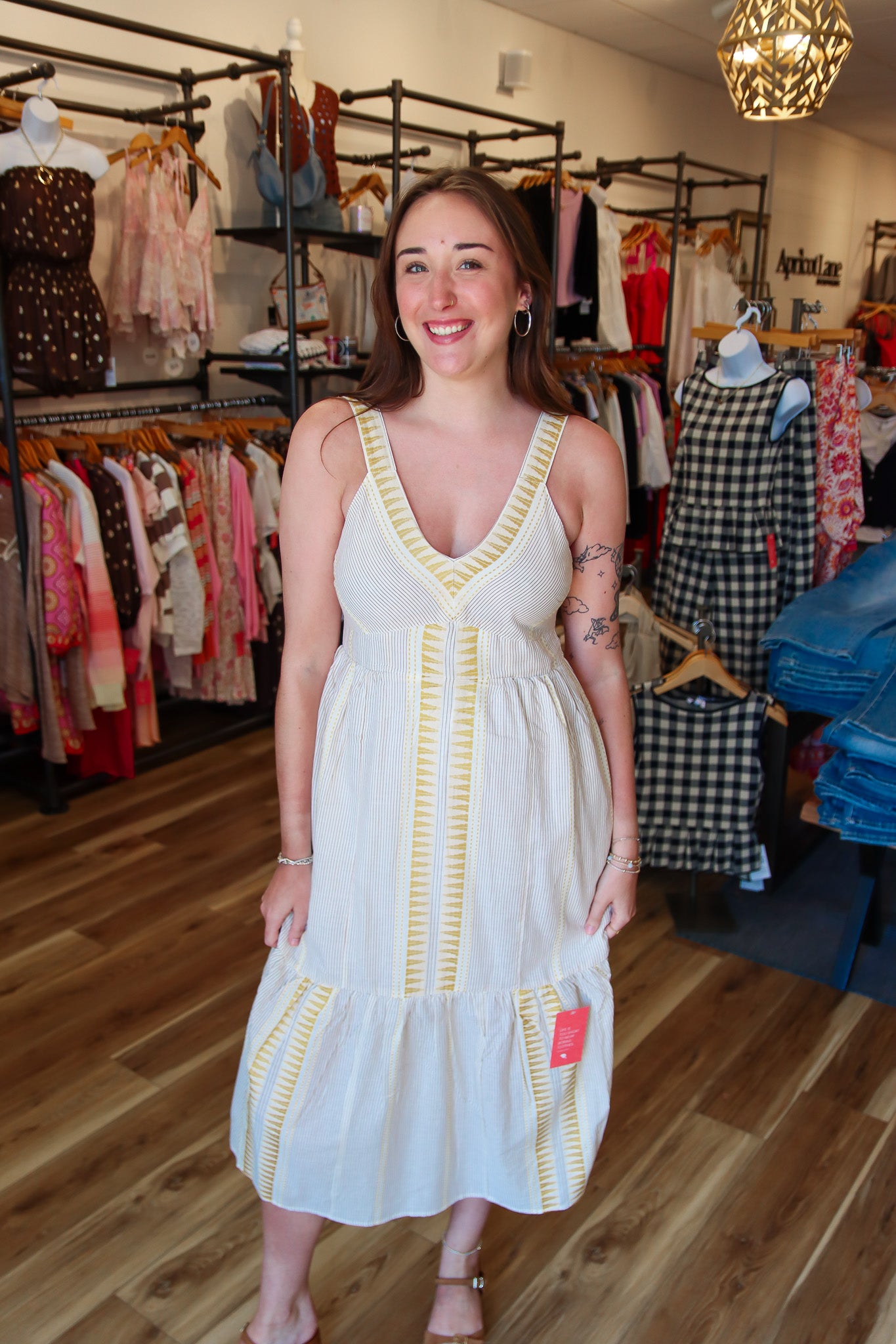 LIVERPOOL SLEEVELESS V-NECK STRIPED MIDI DRESS