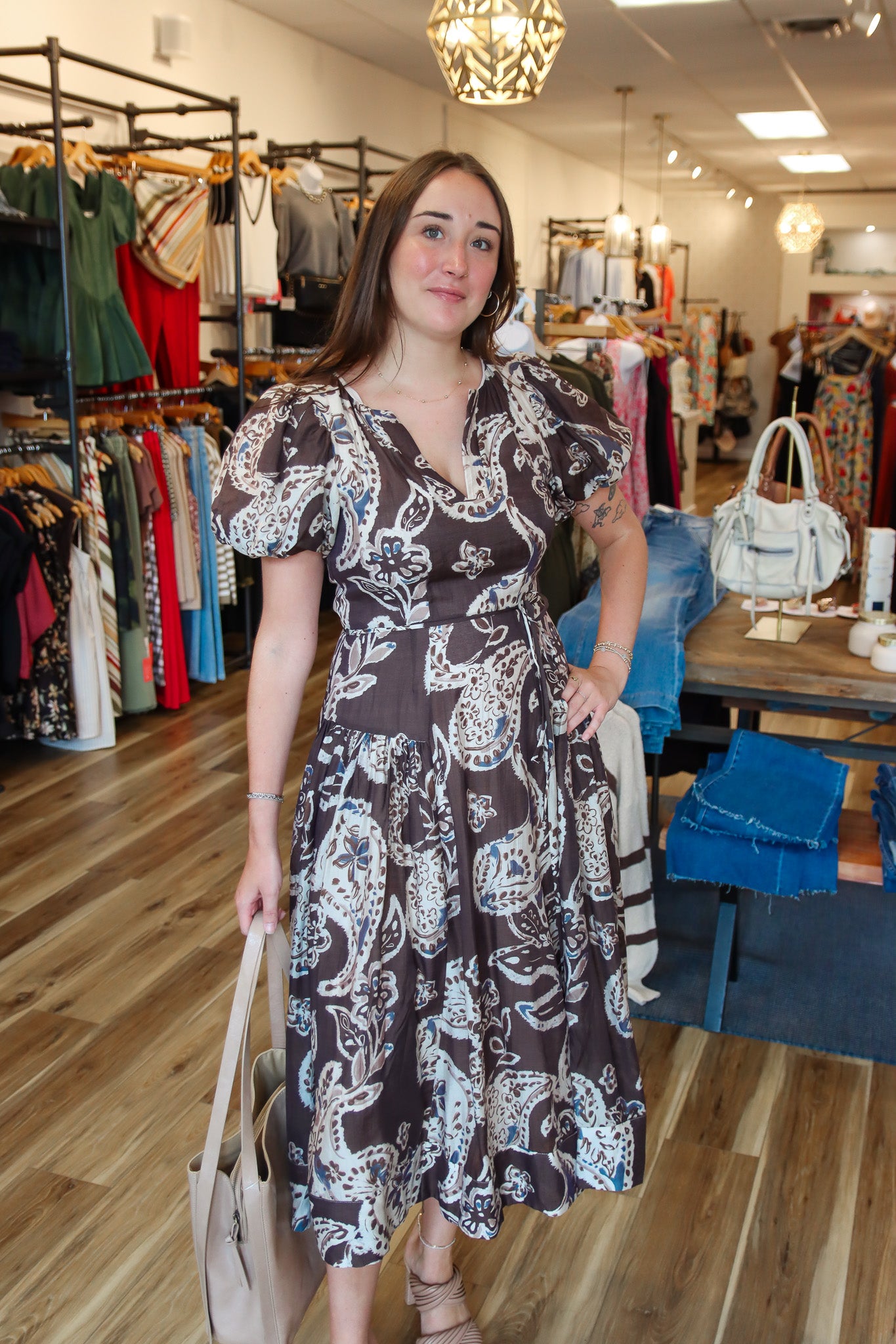 PINCH PAISLEY PRINT PUFF SLEEVE MIDI DRESS