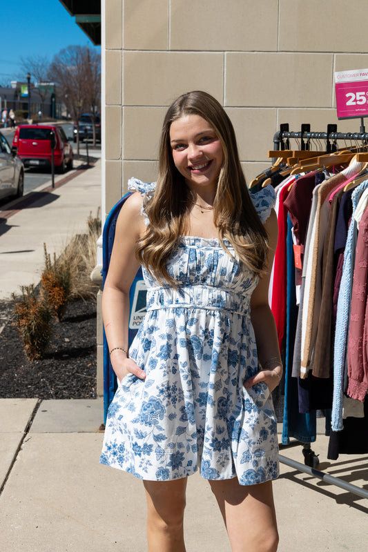 FLORAL PRINTED DENIM SLEEVELESS MINI DRESS