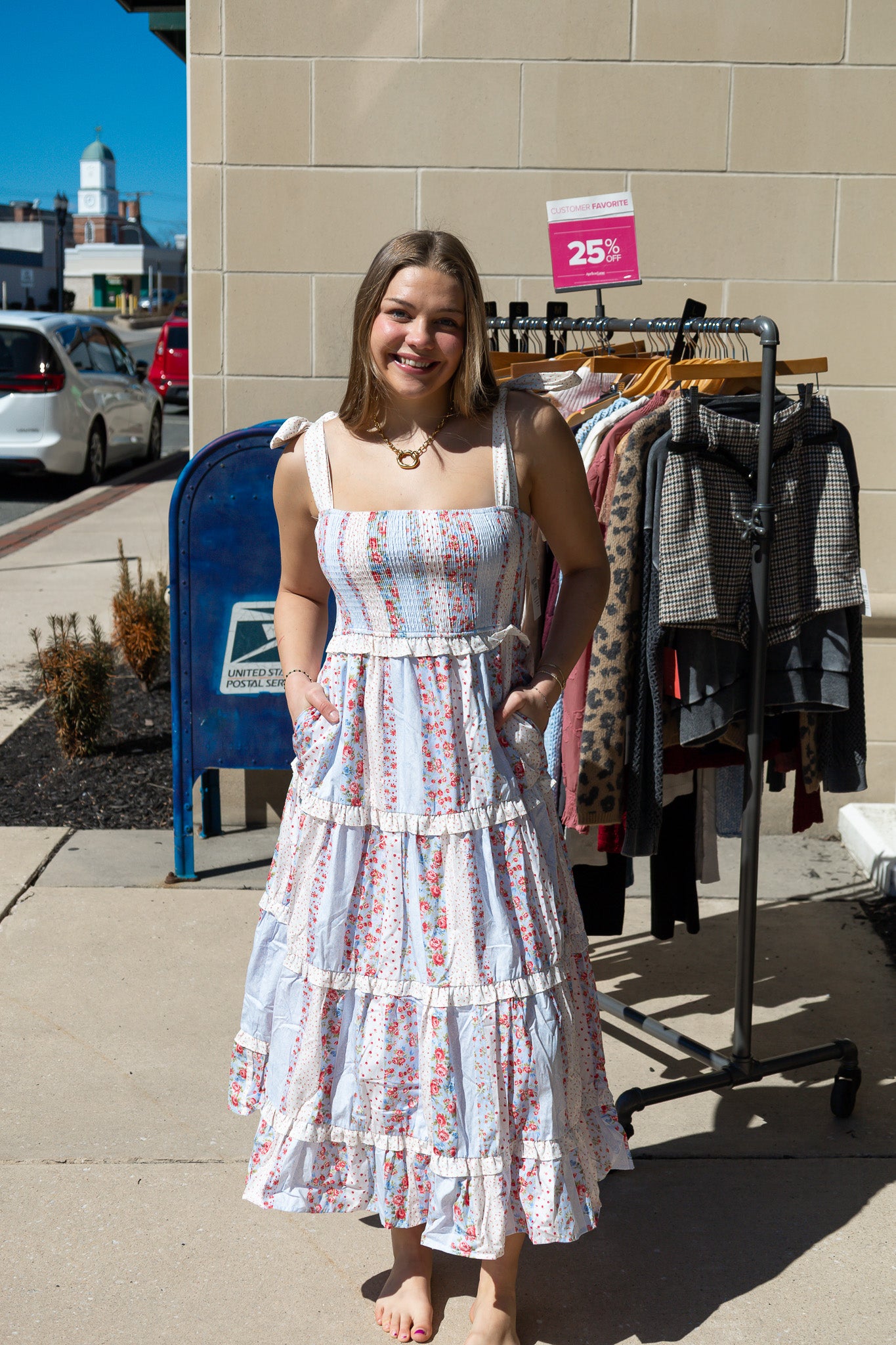 COTTON POPLIN MULTIFLORAL TIE SHOULDER MAXI