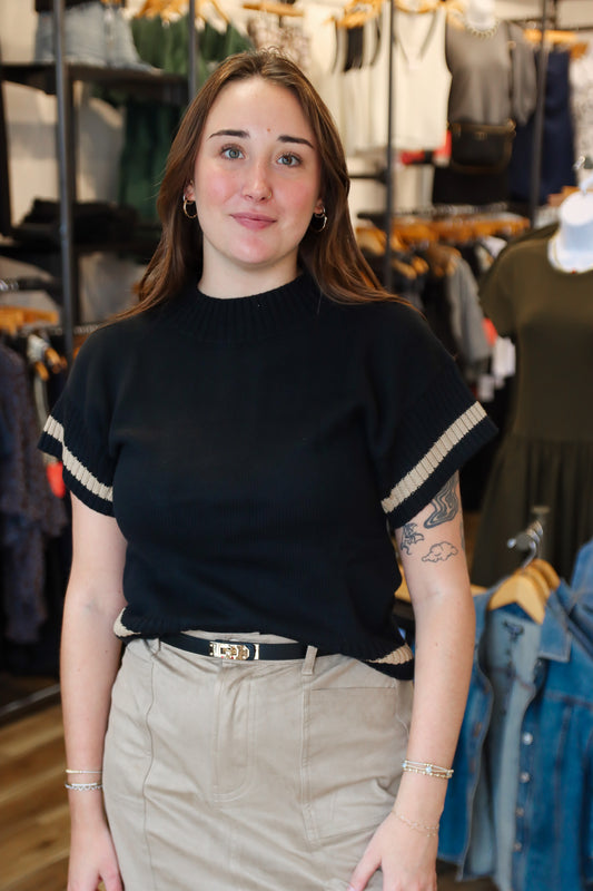 ELAN SHORT SLEEVE STRIPE TRIM SWEATER