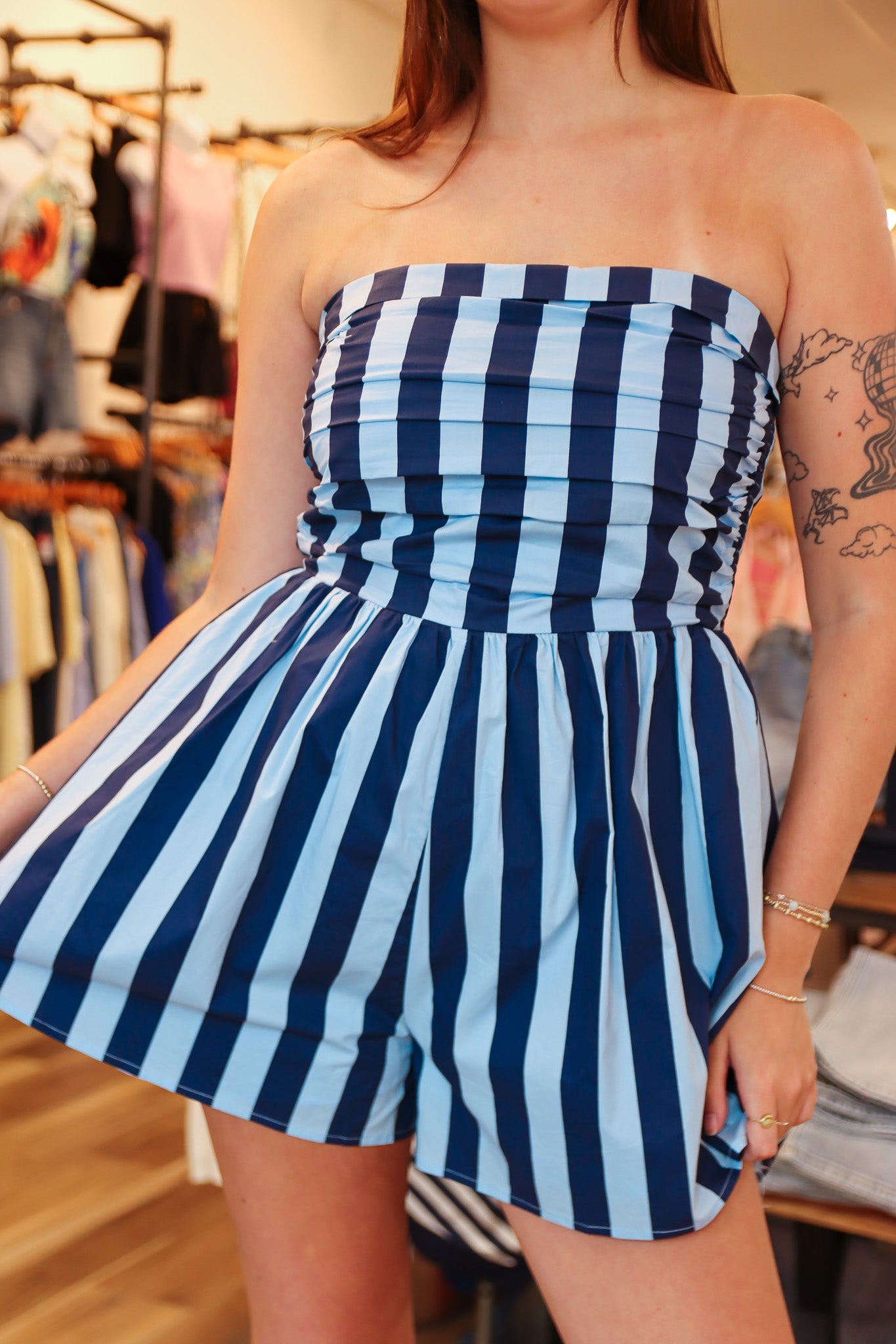 NEEDII STRIPED TUBE PLEATED BODICE ROMPER