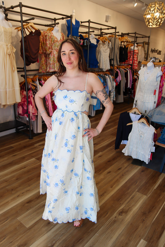 MABLE FLORAL PRINTED SCALLOP EMBROIDERED MIDI DRESS
