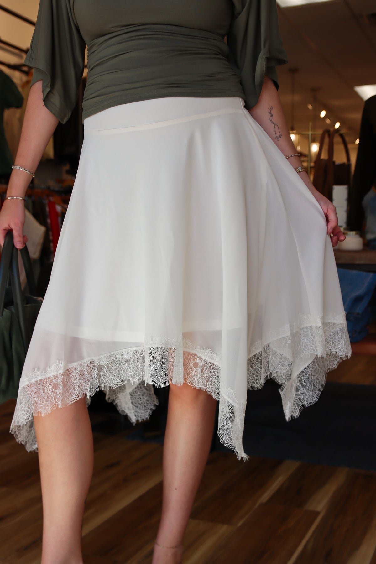 LUCY PARIS “LALI” LACE TRIM MIDI SKIRT