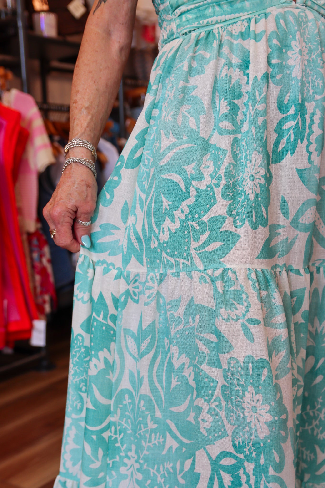MILIO MILANO “LILY” FLORAL PRINT RUCHED BACK TIERED MAXI DRESS