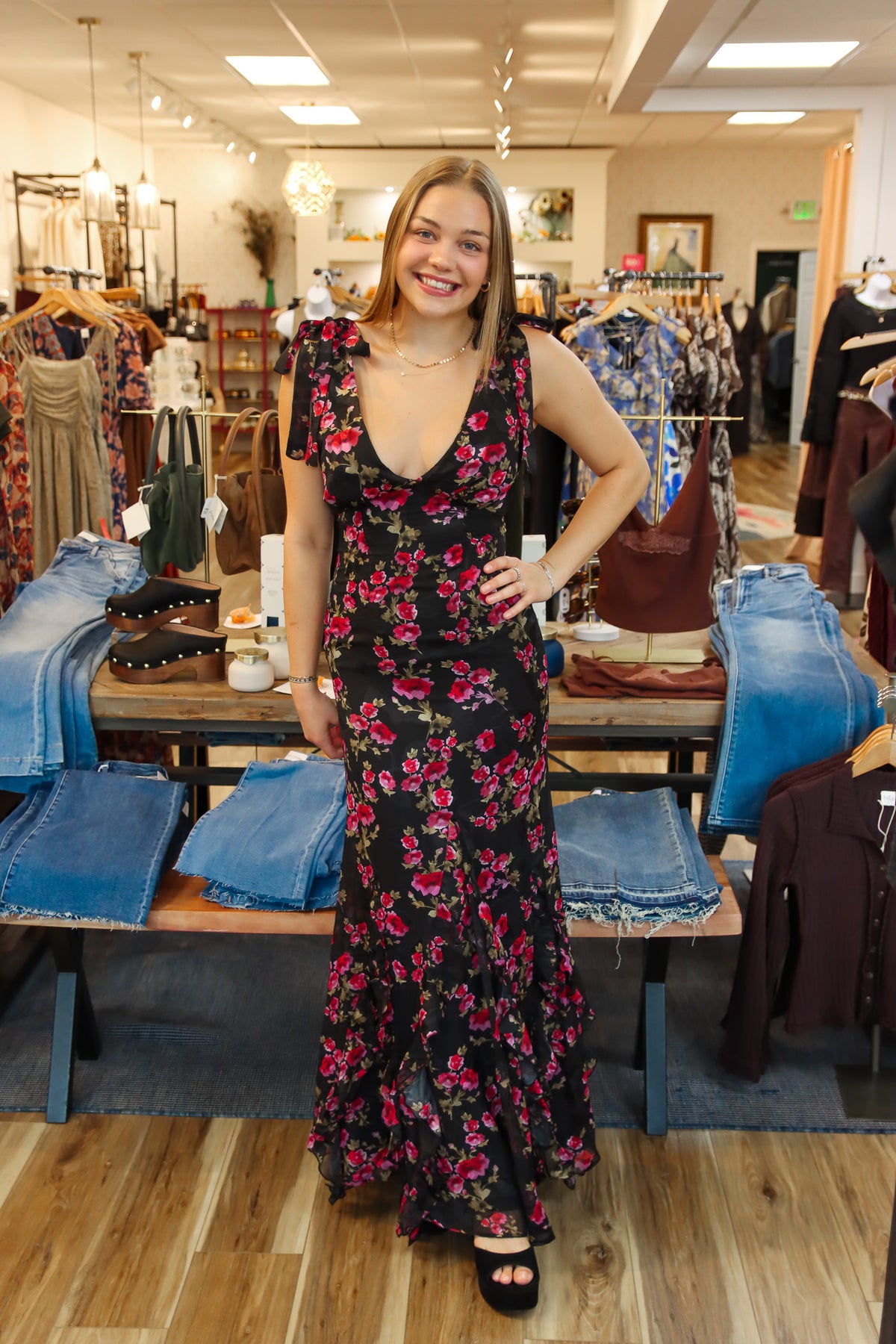 LULUS “TINSLEY” TIE STRAP RUFFLE MAXI DRESS
