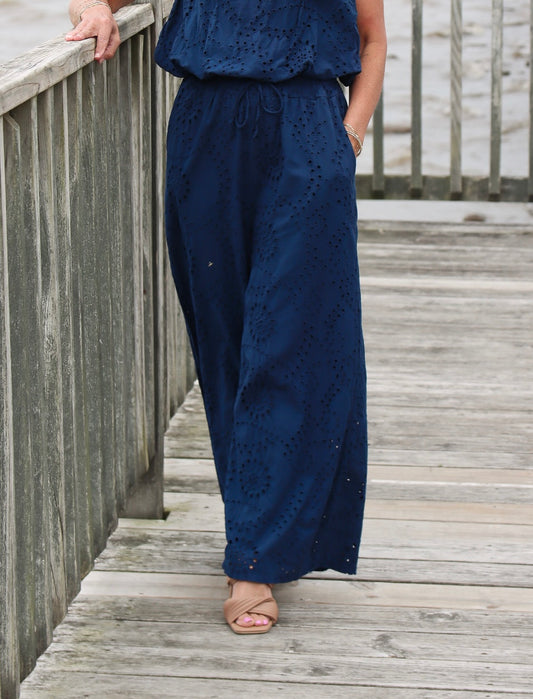 MILIO MILANO ELASTIC WAISTBAND WIDE LEG EYELET PANTS