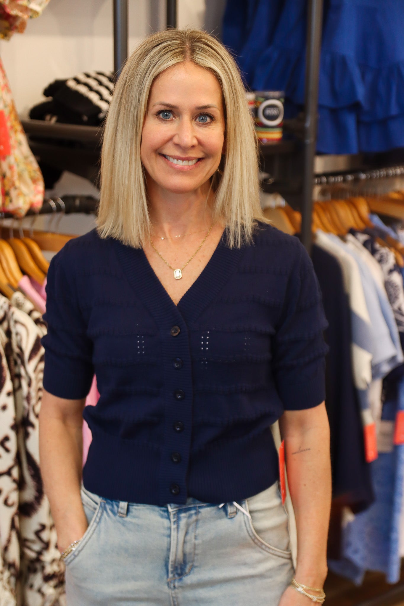 SELF SQUARE STRIPE CUTSIE CARDIGAN