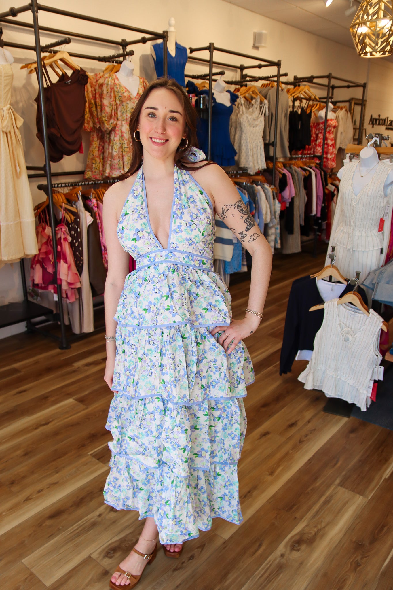 FLORAL HALTER NECK TIERED MIDI DRESS