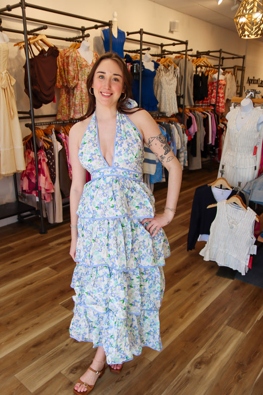 FLORAL HALTER NECK TIERED MIDI DRESS