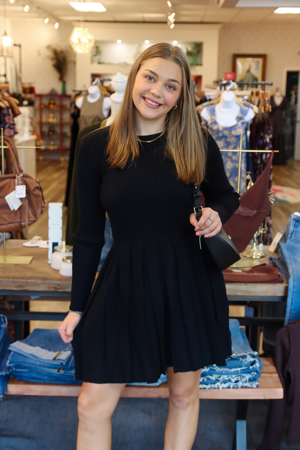 MOLLY BRACKEN PLEATED MINI SWEATER DRESS