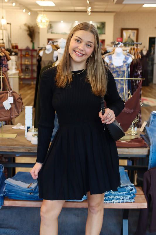 MOLLY BRACKEN PLEATED MINI SWEATER DRESS