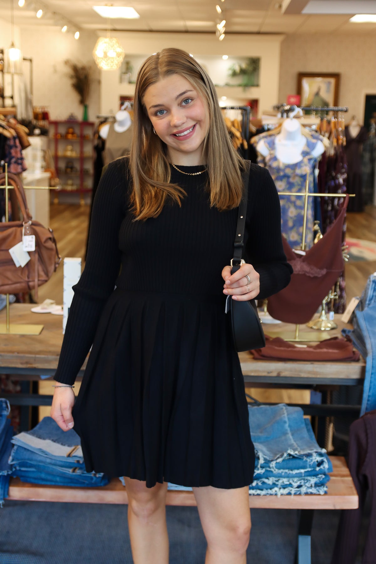 MOLLY BRACKEN PLEATED MINI SWEATER DRESS