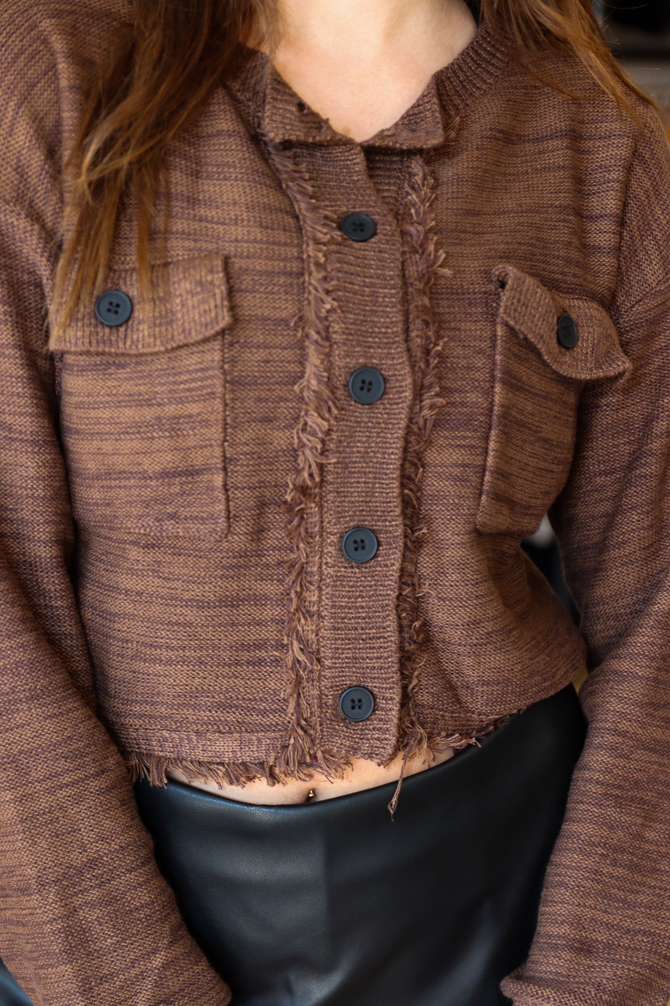 2-TONE CARDIGAN W/ FRAYED HEM DETAIL