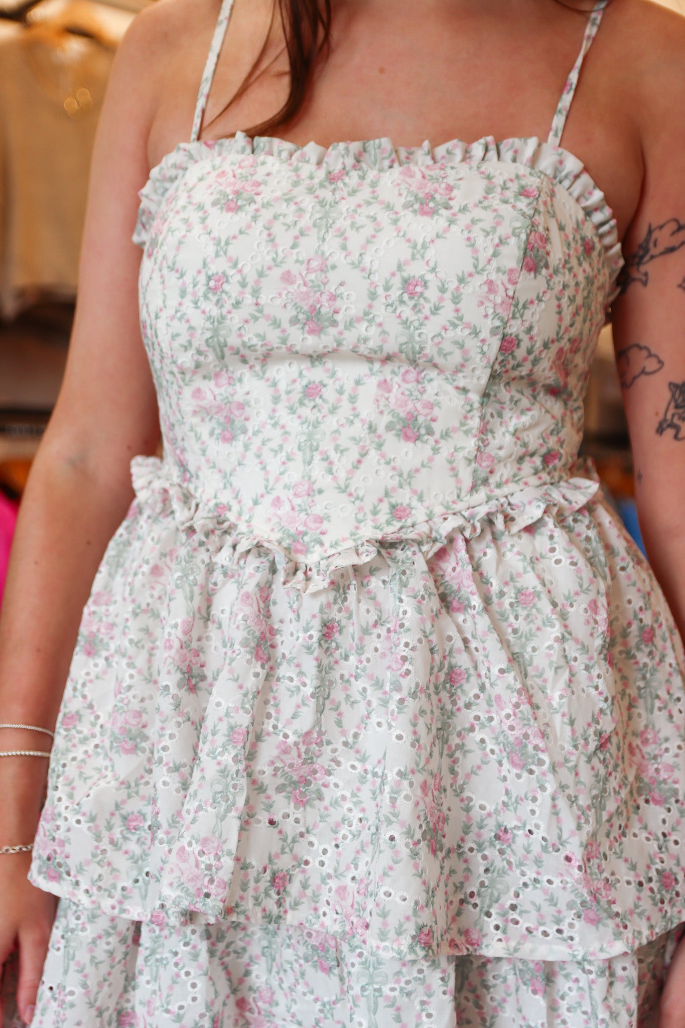 PEACH LOVE EYELET RUFFLE LAYERED MAXI DRESS